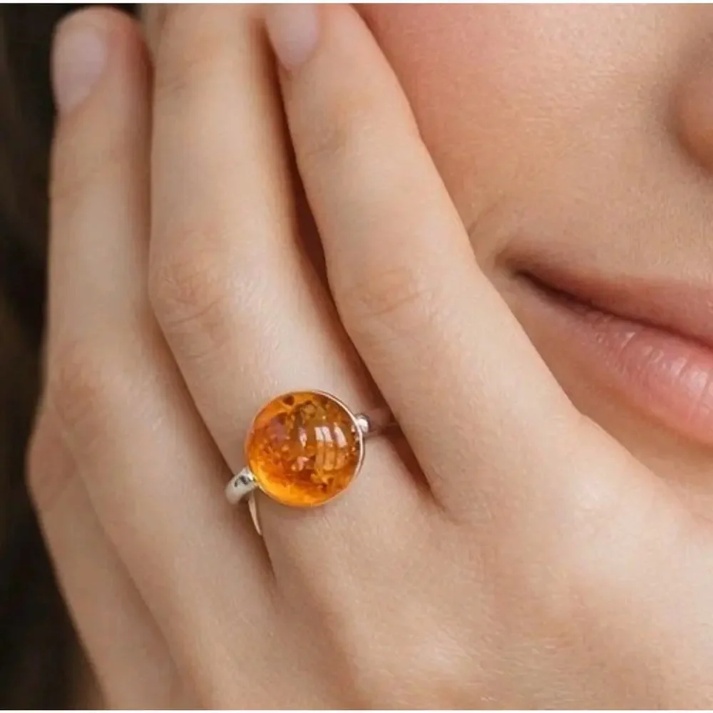 Vintage Boho‎ Sterling Silver Amber Ring Orange 925 Size 6.5